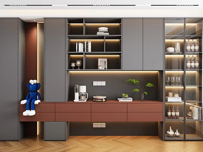 Modern Wine Cabinet With Glass Doors Shelves Wine Bottles Green Plants And Decorations 3d model