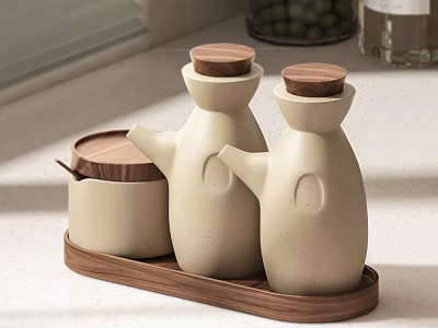 Modern Beige Speckled Condiment Bottles With Wooden Lids On Kitchen Countertop Tray 3d model