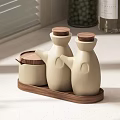 Modern Beige Speckled Condiment Bottles With Wooden Lids On Kitchen Countertop Tray