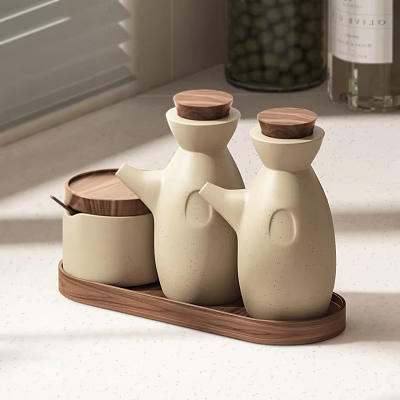 Modern Beige Speckled Condiment Bottles With Wooden Lids On Kitchen Countertop Tray 3d model