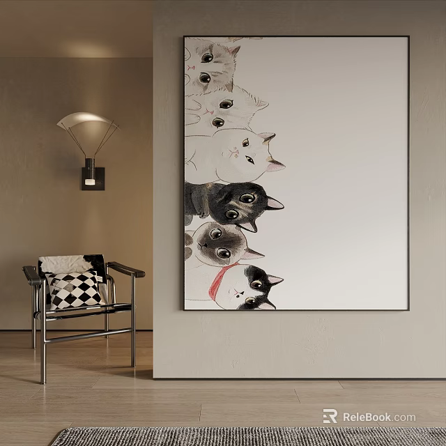 Modern Interior Animal Painting Featuring Multiple Cats Wall Art Decor 3d model