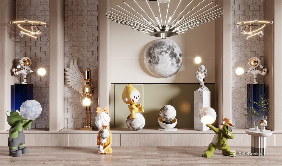 Modern Interior Lighting Combination With Moon Shaped Lamp Sculptures Decorative Dolls And Brick Wall 3d model 
