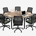 Round and Rectangular Conference Tables With Black Office Chairs Laptops and Water Cups