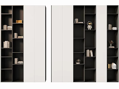 Modern Bookcase With Black And White Compartments Holding Books And Decorative Items 3d model