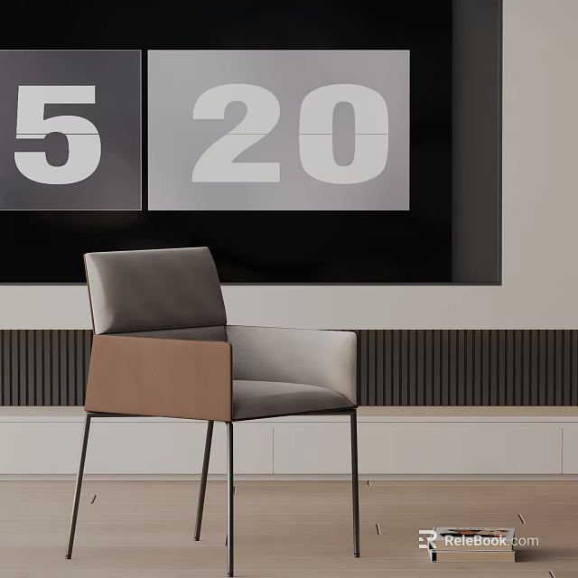 Modern Leisure Chair Gray Brown with Metal Legs 5 and 20 on Wall Dark Panels 3d model 