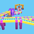 Colorful Industrial Conveyor System With Purple Machinery And Orange Mechanical Tracks