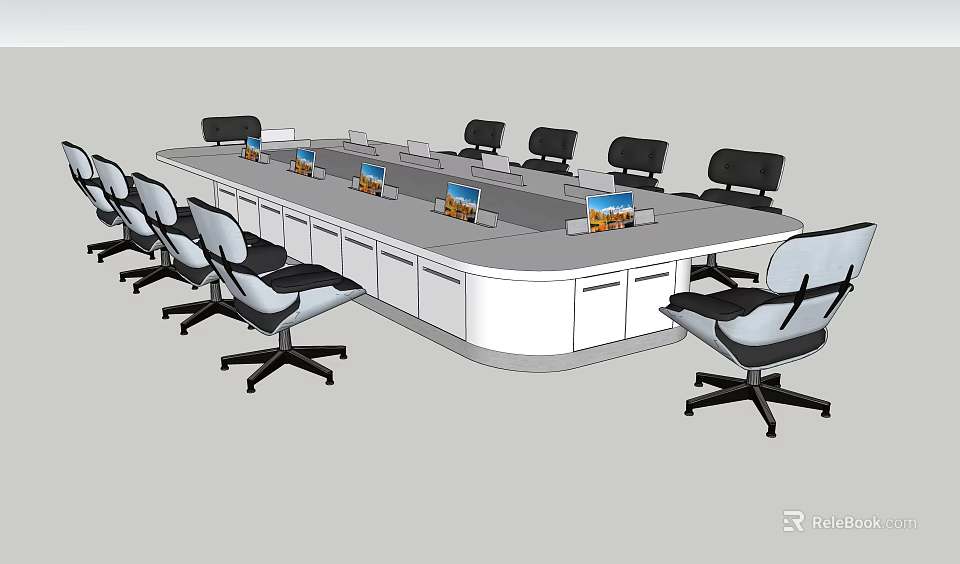 Modern Conference Table With Office Chairs And Integrated Screens In Meeting Room 3d model 