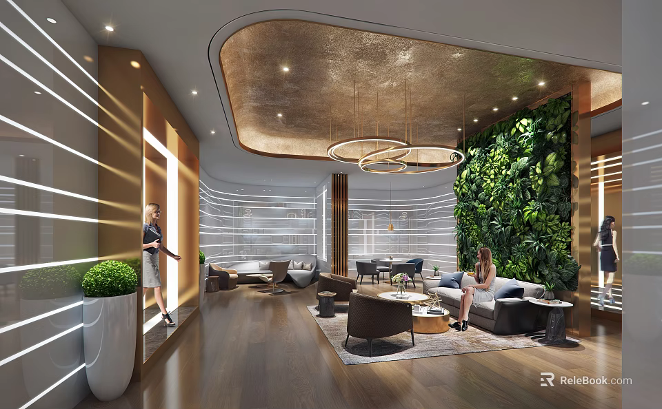 Modern Lounge Area With Cozy Sofas Living Plant Wall Round Pendant Lights And Wooden Flooring 3d model 
