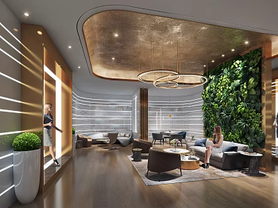 Modern Lounge Area With Cozy Sofas Living Plant Wall Round Pendant Lights And Wooden Flooring 3d model