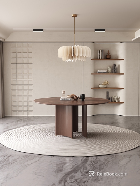 Modern Minimalist Round Wooden Dining Table with Pendant Light Wall Shelves and Area Rug 3d model 