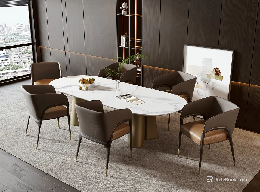 Round Marble Dining Table Set With Gray Brown Metal Leg Chairs And City View 3d model 