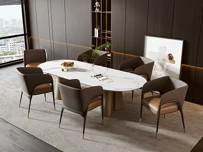 Round Marble Dining Table Set With Gray Brown Metal Leg Chairs And City View 3d model