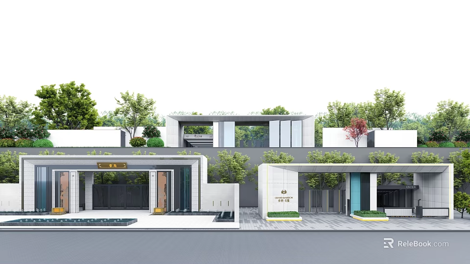 Modern Entrance Gate Architectural Design With Green Plants And Glass Elements 3d model 