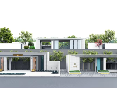 Modern Entrance Gate Architectural Design With Green Plants And Glass Elements 3d model
