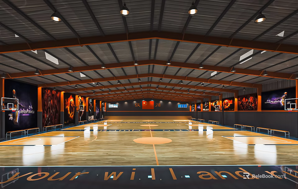 Spacious Basketball Court With Wooden Floor Ceiling Lights And Decorative Walls 3d model 