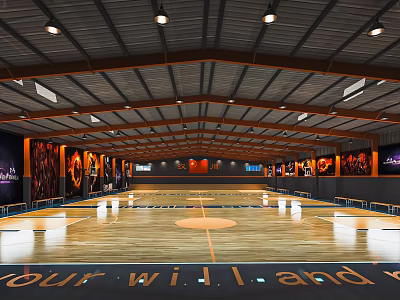 Spacious Basketball Court With Wooden Floor Ceiling Lights And Decorative Walls 3d model