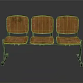 Vintage Wooden Bench With Three Seats Worn Backrests And Metal Legs