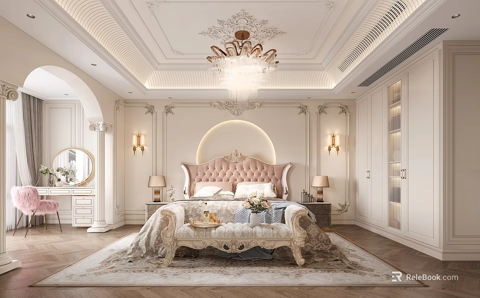 Luxurious Bedroom Interior Design With Ornate Ceiling Chandelier Pink Upholstered Headboard And Area Rug 3d model 