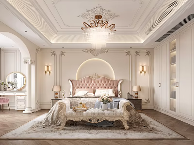 Luxurious Bedroom Interior Design With Ornate Ceiling Chandelier Pink Upholstered Headboard And Area Rug 3d model