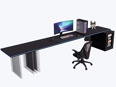 Modern Black Desk And Chair Set With Monitor Keyboard Mouse And PC Case 3d model