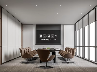 Modern Conference Room Interior Design With Long Table Brown Chairs Large Screen And Natural Light 3d model