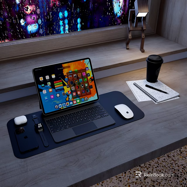Tablet With Keyboard On Wooden Desk Featuring Mouse Mouse Pad Coffee Cup Notebook Pen Earphones 3d model 