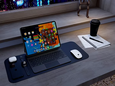 Tablet With Keyboard On Wooden Desk Featuring Mouse Mouse Pad Coffee Cup Notebook Pen Earphones 3d model