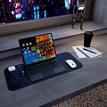 Tablet With Keyboard On Wooden Desk Featuring Mouse Mouse Pad Coffee Cup Notebook Pen Earphones