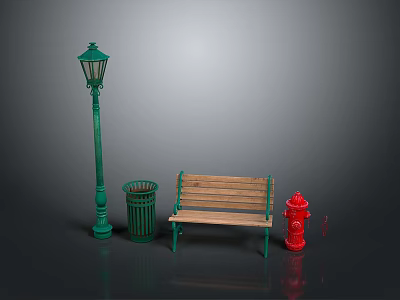 Outdoor Scene Components With Green Street Lamp Trash Can Wooden Bench And Red Fire Hydrant 3d model