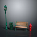 Outdoor Scene Components With Green Street Lamp Trash Can Wooden Bench And Red Fire Hydrant