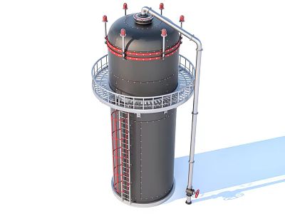 Industrial Cylindrical Storage Tank With Red Top Valves Metal Platform Ladder And Connecting Pipes 3d model