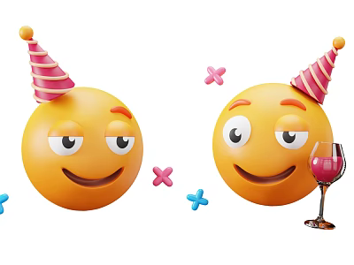 Festive Yellow Emojis Wearing Party Hats With Pink And Blue Cross Symbols And Wine Glass 3d model