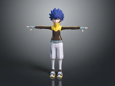 Anime Game Character With Blue Spiky Hair Yellow Black Jacket And Arms Outstretched Pose 3d model