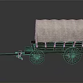 Old Fashioned Covered Wagon with Wooden Wheels and Canvas Cover on Dark Reflective Surface