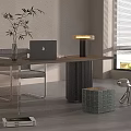 Modern Office Desk With MacBook Laptop Bamboo Plant Lamp Green Cube Silver Dog Figurine