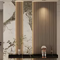 Elegant Foyer Hallway Interior With Marble Wall Wooden Slats And Black Shelf Decorative Items