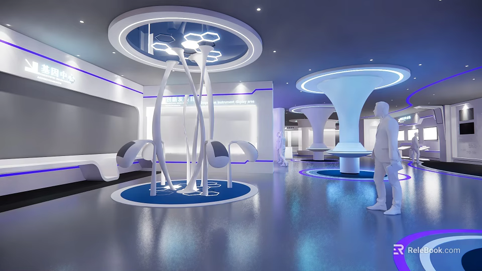 Futuristic Exhibition Hall Interior With Modern Lighting Display Installations White Blue Tones And Human Figures 3d model 
