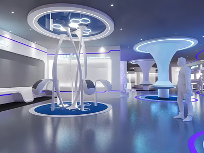 Futuristic Exhibition Hall Interior With Modern Lighting Display Installations White Blue Tones And Human Figures 3d model