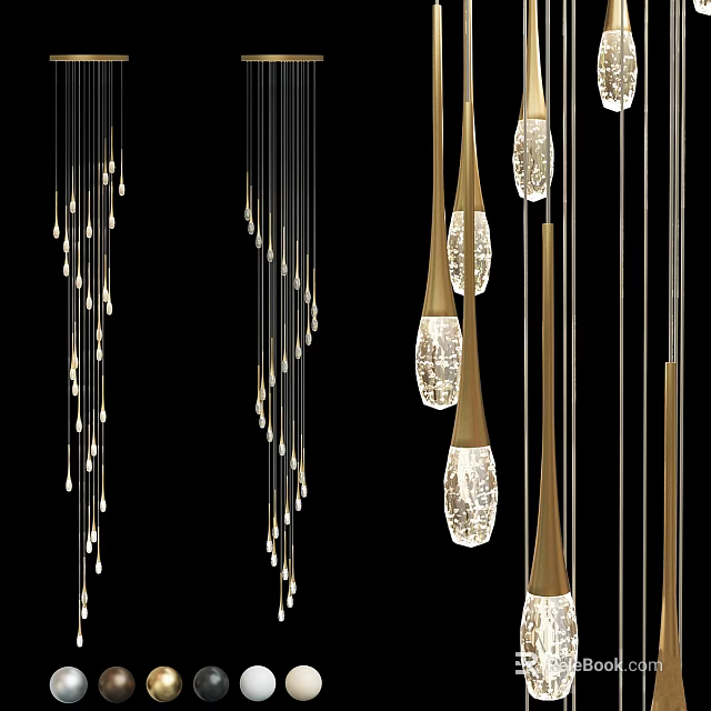 Contemporary Chandeliers Featuring Gold Metal Rods And Transparent Crystal Glass Teardrop Design 3d model 