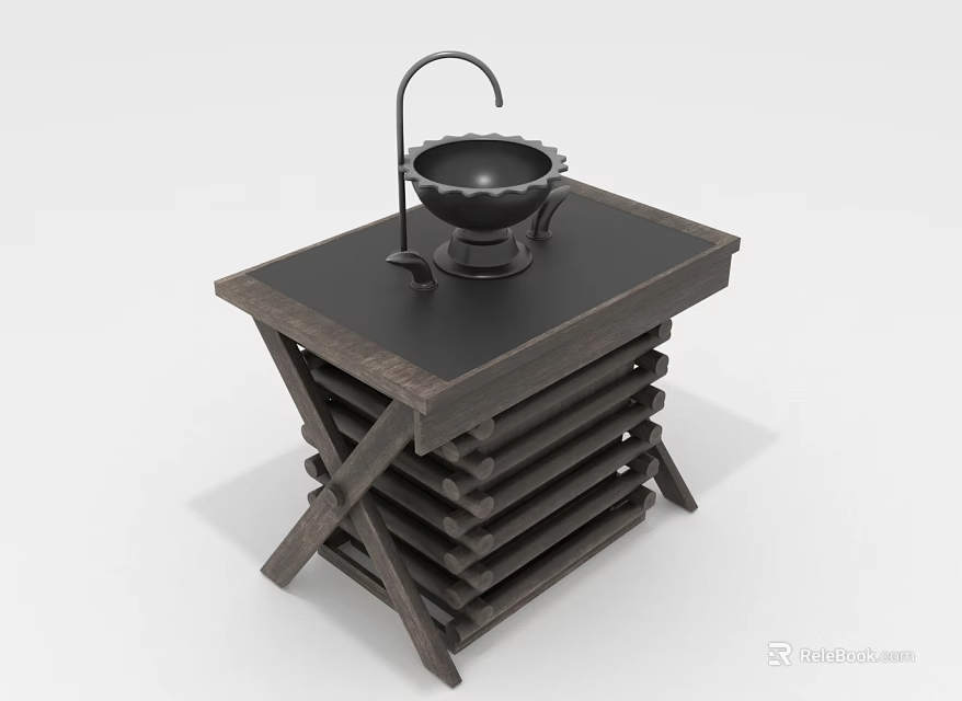 Dark Wooden Table With Black Basin Faucet Cross Legs And Layered Stack Design 3d model 