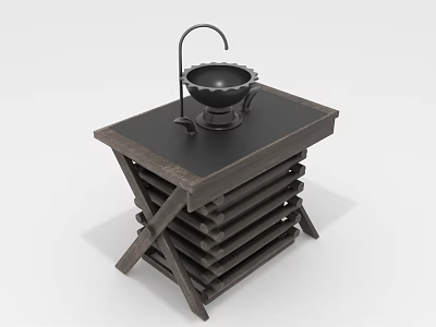 Dark Wooden Table With Black Basin Faucet Cross Legs And Layered Stack Design 3d model