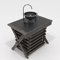 Dark Wooden Table With Black Basin Faucet Cross Legs And Layered Stack Design