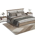 Modern Wooden Double Bed With Bedside Tables Table Lamps Pillows And Rug