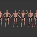 Muscular Men In Black Swim Trunks Posing In Various Styles On Gray Background With Reflections 3d model