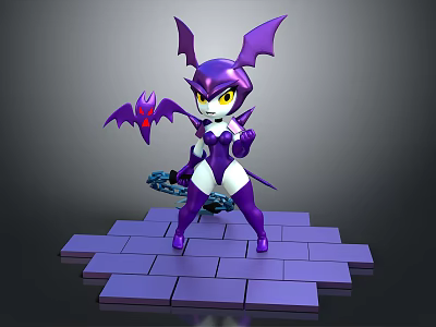 Purple Cartoon Bat Character With Yellow Eyes And Bat Shaped Object On Brick Platform 3d model