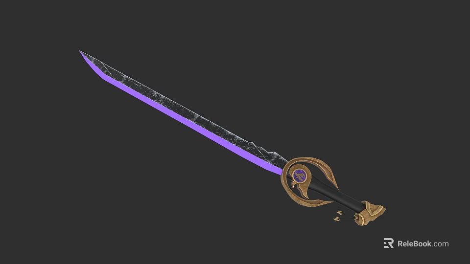 Ornate Sword With Purple Blade Golden Hilt And Circular Ornament 3d model 