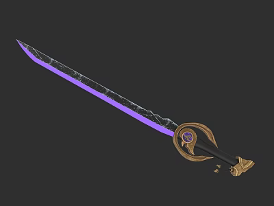 Ornate Sword With Purple Blade Golden Hilt And Circular Ornament 3d model