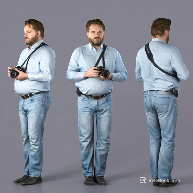 Man In Light Blue Shirt And Jeans Holding Camera With Black Shoulder Strap Three Angles 3d model 