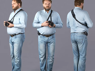 Man In Light Blue Shirt And Jeans Holding Camera With Black Shoulder Strap Three Angles 3d model