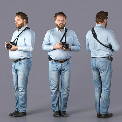 Man In Light Blue Shirt And Jeans Holding Camera With Black Shoulder Strap Three Angles 3d model